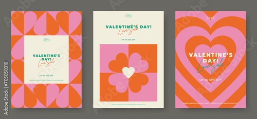 Romantic abstract geometric background set. Heart shape retro scandinavian modern style card. Simple graphic love pattern art flyer. Valentine's day concept event banner. Trendy vector illustration.