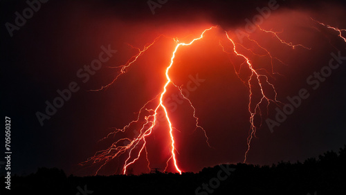 Glowing red lightning struck in the darkness