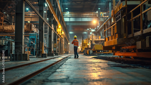machinery in an assembly line at an industrial facility, in the style of bokeh panorama, dramatic atmospheric perspective, back button focus, oversized objects, dark yellow and light indigo, distresse