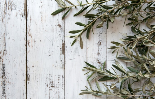 olive branches on a white wooden background