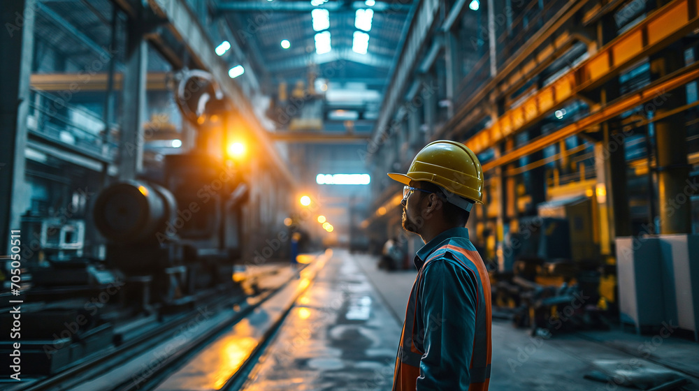 machinery in an assembly line at an industrial facility, in the style of bokeh panorama, dramatic atmospheric perspective, back button focus, oversized objects, dark yellow and light indigo, distresse machinery in an assembly line at an industrial facility, in the style of bokeh panorama, dramatic atmospheric perspective, back button focus, oversized objects, dark yellow and light indigo, distresse