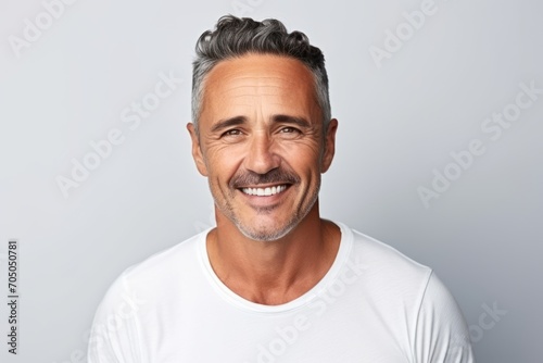 Close up portrait of a happy mature man smiling against grey background.