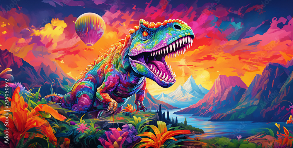 Image of dinosaur with its mouth open and flowers in the foreground, Cartoon Pop Art Psychedelic Dinosaur
