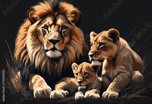 Lions family with cubs on dark background  illustrative painting  digital art style