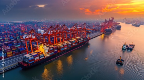 Sea container ship unloading in port