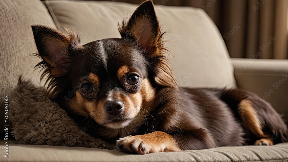 Chocolate long coat chihuahua dog lying on sofa in living room Chocolate long coat chihuahua dog lying on sofa in living room