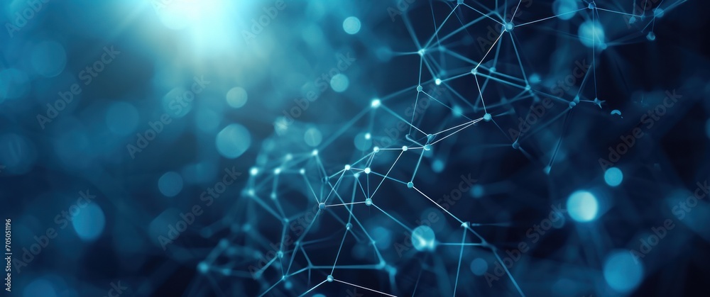 Network of interconnected lines and nodes on a blue bokeh background, symbolizing connectivity. - obrazy, fototapety, plakaty 