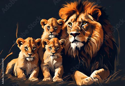 Lions family with cubs on dark background  illustrative painting  digital art style