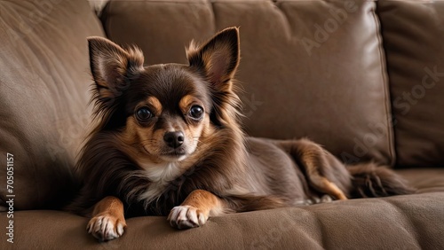 Chocolate long coat chihuahua dog lying on sofa in living room © QuoDesign