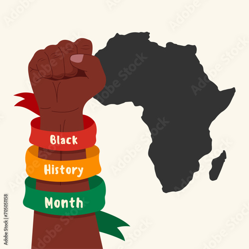 Black day history month banner. African culture, slavery and  freedom. Poster with raised fist African continent silhouette. African American history celebration