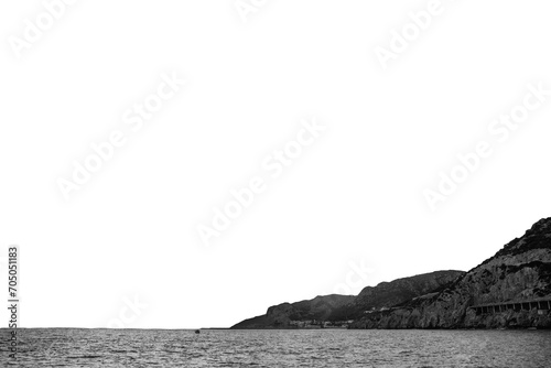 Amazing panoramic landscape of rocky shore on white background. Mediterranean sea png photo.
