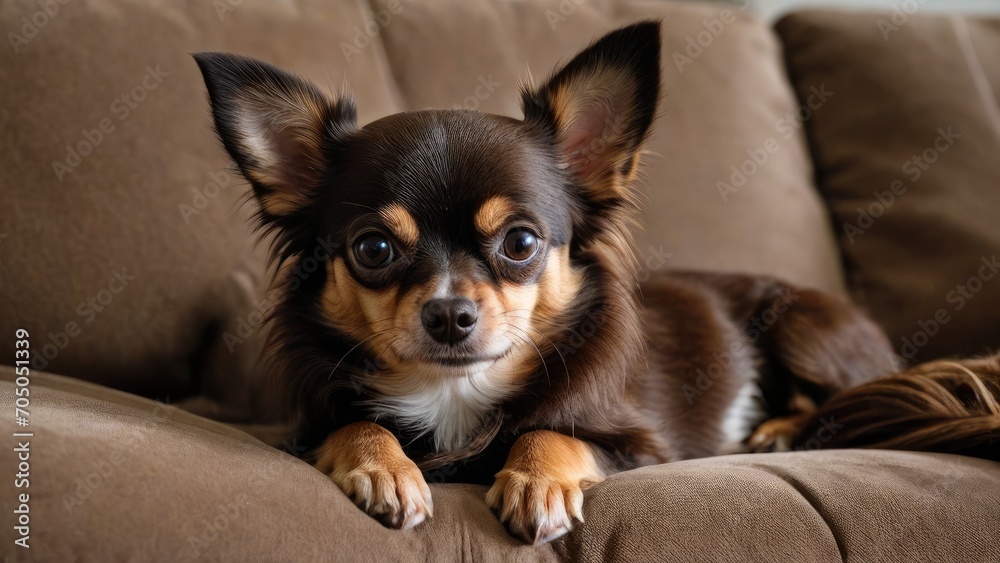 Chocolate long coat chihuahua dog lying on sofa in living room