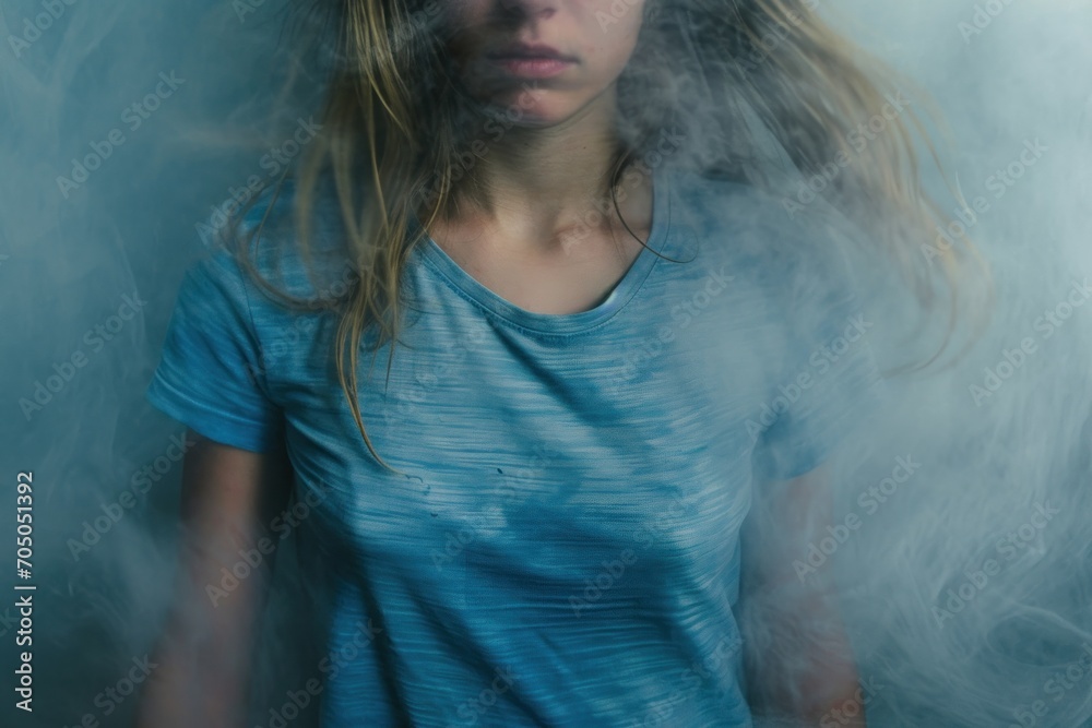 Woman in a blue shirt partially obscured by a smoky haze, suitable for themes of mystery or mental health awareness.