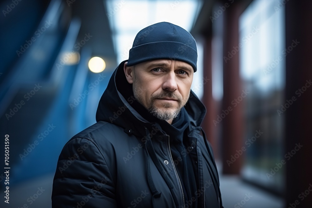 Portrait of a mature man wearing a cap and jacket standing in the street. Portrait of a mature man wearing a cap and jacket standing in the street.