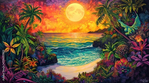 A tranquil and ethereal outdoor landscape, featuring a stunning painting of a moonlit beach adorned with swaying palm trees, perfectly capturing the beauty and serenity of nature through art