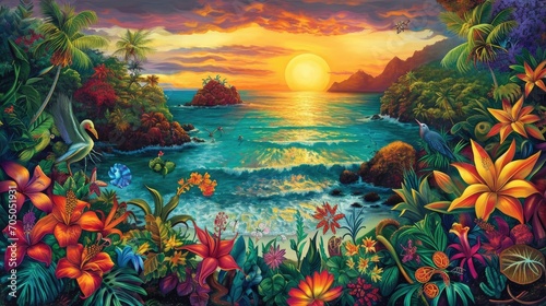 A vibrant painting capturing the tranquil beauty of a tropical beach at sunset, with a colorful array of flowers, lush landscapes, and serene waters under a picturesque sky