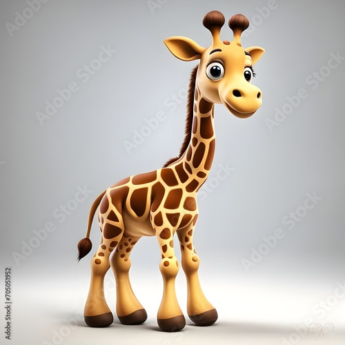 Create an endearing cartoon giraffe on a pristine white backdrop. Capture its charm with big, expressive eyes, a friendly smile, and lively features. Highlight its unique long neck and spots, exuding 