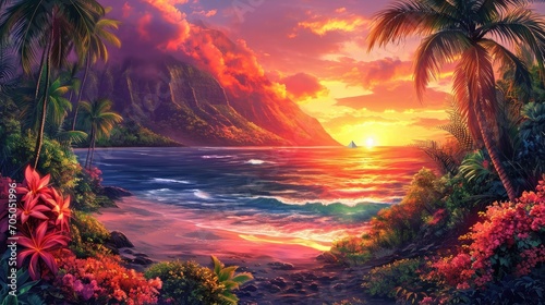 Vibrant strokes of paint capture the ethereal beauty of a sunset reflecting on the calm waters  framed by wispy clouds and towering palm trees on a peaceful beach