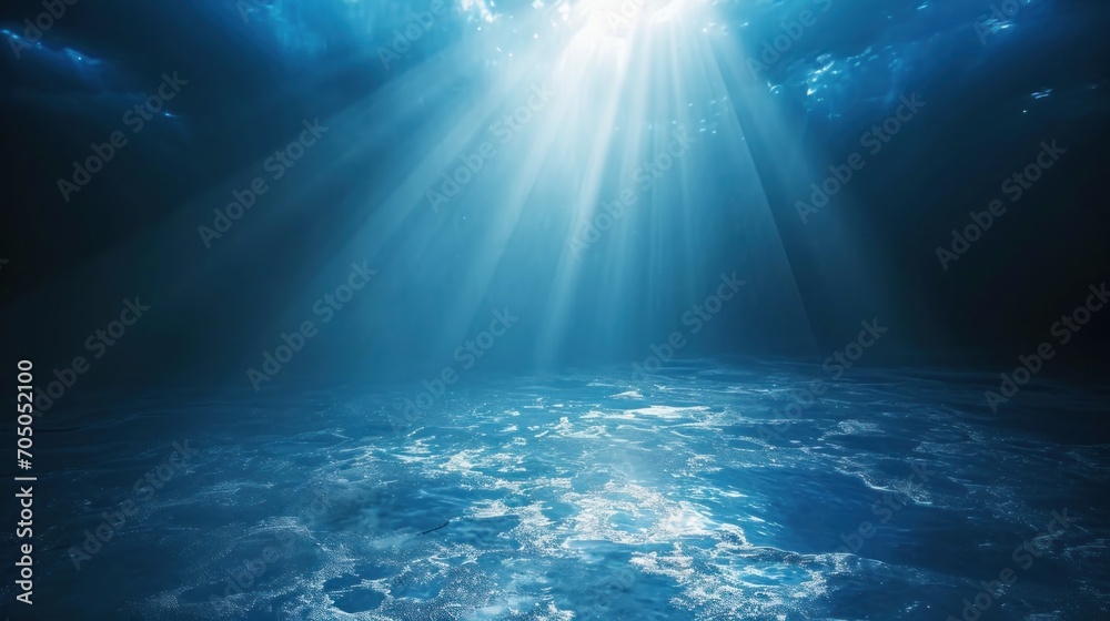 Ethereal beams of light cascading through a dark blue, glittering backdrop, evoking a sense of wonder.