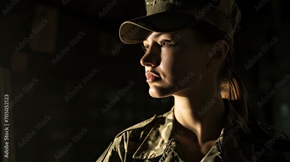 A confident woman dons her military uniform, complete with a cap and fashion-forward accessories, as she prepares to serve her country with pride and determination A confident woman dons her military uniform, complete with a cap and fashion-forward accessories, as she prepares to serve her country with pride and determination