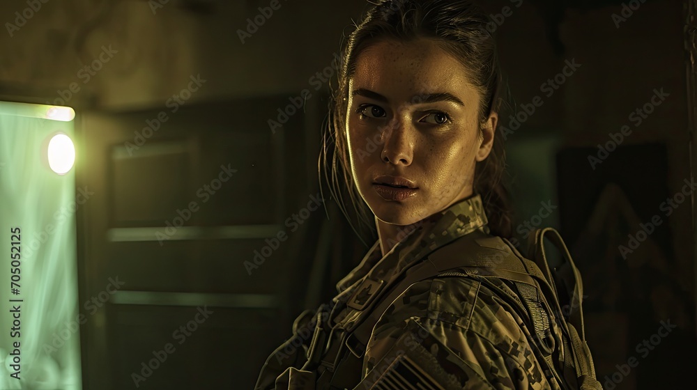 A determined woman in a dark military uniform stands in front of a wall ...