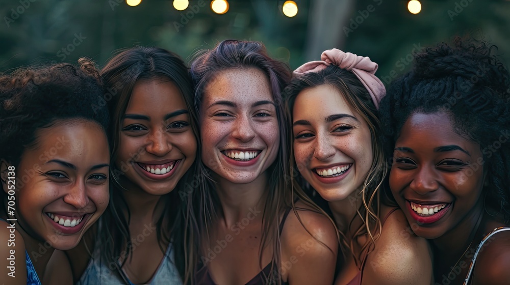 Obraz premium A joyous group of female friends capture their bond and contagious laughter in a sunny outdoor selfie, showcasing their beaming smiles, long hair, and stylish clothing