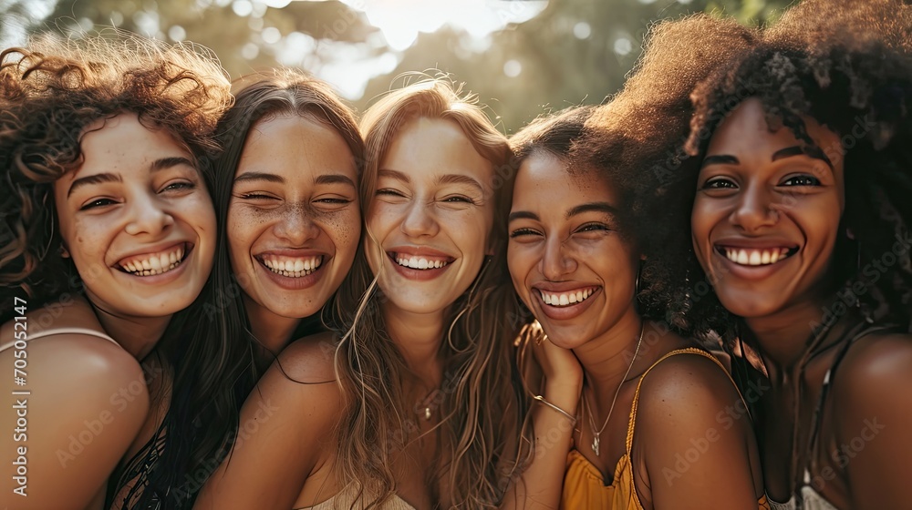 A cheerful group of female friends enjoying each other's company, beaming with happiness as they pose for a photo outdoors, showcasing their beautiful smiles, long hair, and stylish clothing