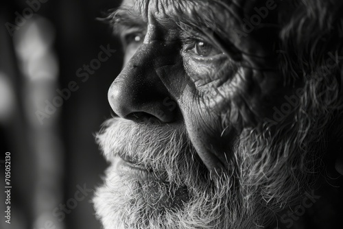 An intimate monochrome portrait captures the weathered face of an elderly man, highlighting the depth of his wrinkles and the stories they hold, against the backdrop of the great outdoors