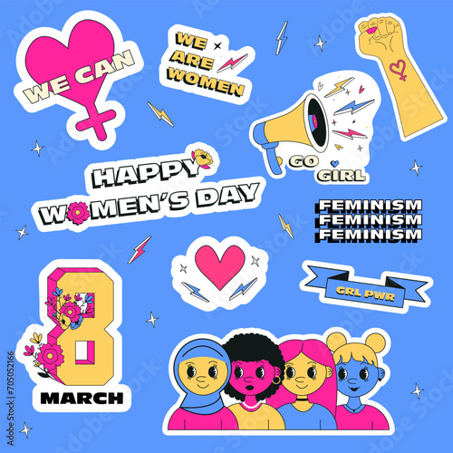 Set of international women's day trendy feminist stickers. Female movements cartoon badges with inspirational quotes.Vector illustration