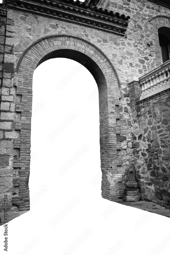 Fototapeta premium The exterior of an old farm on white background. Old brick wall texture png background, Catalonia.