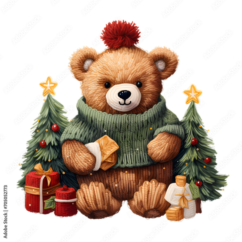 vintage christmas bear illustration on transparent background

