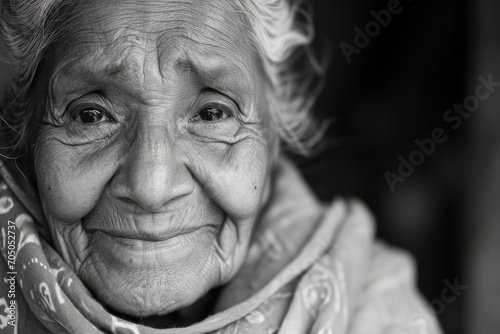 A monochrome portrait of a senior woman, her weathered face and clothing telling a story of a life lived with grace and resilience