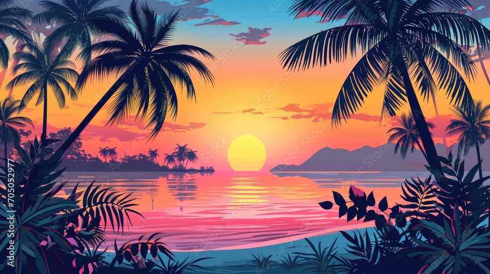 A breathtaking sunset illuminates the tropical beach, casting a golden glow over the outdoor paradise of palm trees, crystal clear water, and lush arecales and elaeis plants