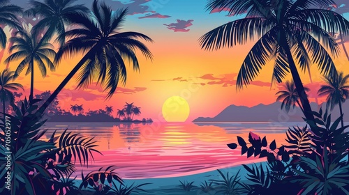 A breathtaking sunset illuminates the tropical beach, casting a golden glow over the outdoor paradise of palm trees, crystal clear water, and lush arecales and elaeis plants