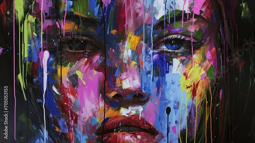 A vibrant and abstract portrait that captures the beauty and complexity of a woman s face through a colorful blend of paint and drawing techniques