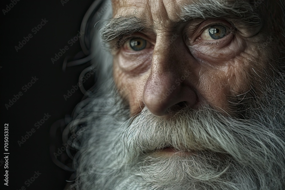 A weathered white beard frames the strong jaw and forehead of a wise man, his piercing eyes and facial hair telling stories of a life well-lived A weathered white beard frames the strong jaw and forehead of a wise man, his piercing eyes and facial hair telling stories of a life well-lived