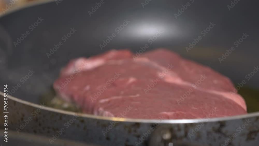 Close up beef steak frying 4k Close up beef steak frying 4k