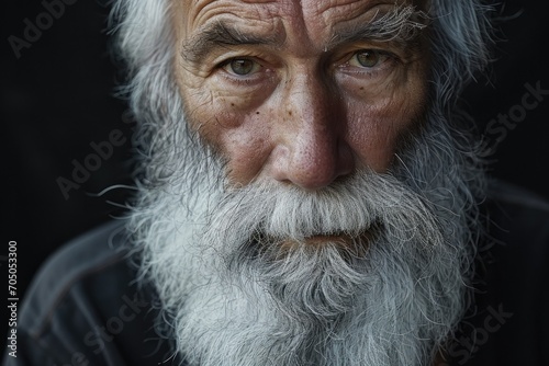 An elderly man with a distinguished beard and moustache stares into the camera, revealing the stories etched into his weathered skin and the wisdom hidden within his furrowed brow photo