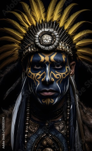 portrait of an aborigine from a tribe, with a feather headdress, American Indians, South America, cult drawings on the face, rituals. © shustrilka