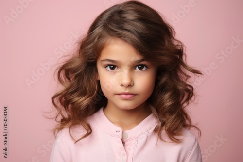 Portrait of a beautiful little girl with long curly hair on a pink background