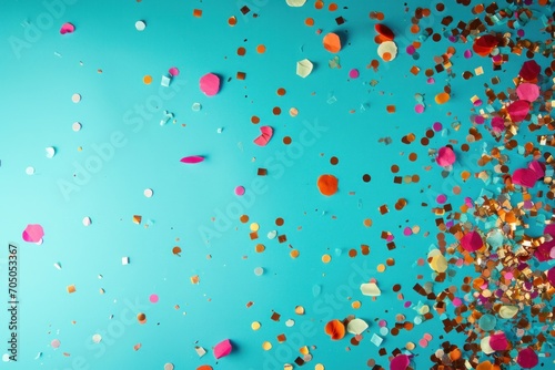 Vibrant confetti scattered on a bright turquoise backdrop, perfect for celebrations and festive designs. 