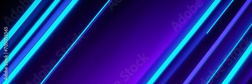 Abstract background banner with blue diagonal neon light stripes and empty space with purple gradient