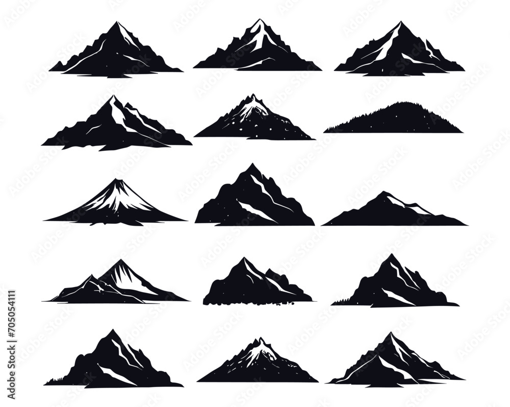 Silhouette mountain set with grunge textures vector template. Mountains and Hills icon collection for logo, adventure, stickers, and prints. - obrazy, fototapety, plakaty 
