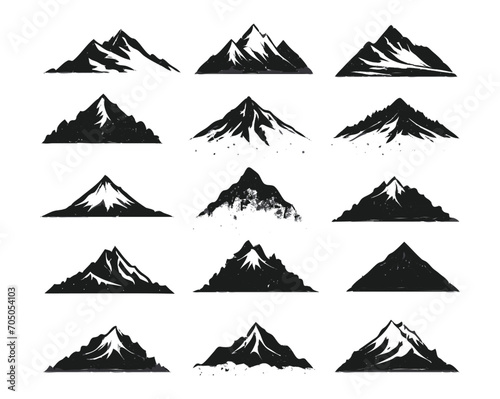 Silhouette mountain set with grunge textures vector template. Mountains and Hills icon collection for logo  adventure  stickers  and prints.
