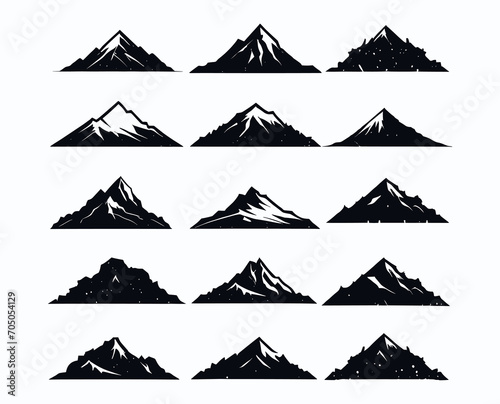Silhouette mountain set with grunge textures vector template. Mountains and Hills icon collection for logo, adventure, stickers, and prints.