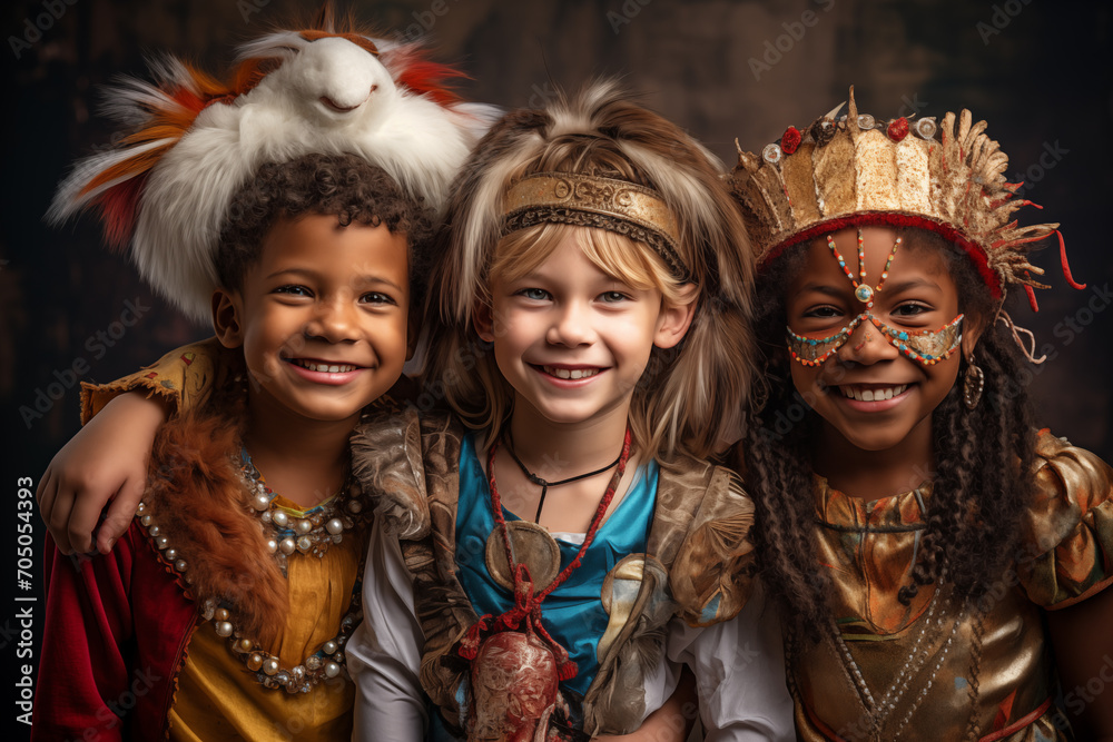 multiethnic children from 4 to 6 years old at carnival with original costumes