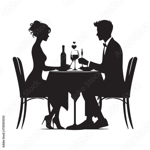 Romantic Valentine Dinner Silhouette: Couple Dining in a Cozy Atmosphere - Couple Dinner Vector Stock
