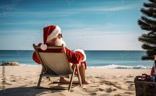 Christmas Santa Claus resting, relaxing, enjoying the sunshine on sun, sitting at lounger chair at ocean sandy tropical beach with fir tree. Vacation travel, New Year holiday concept. Back view