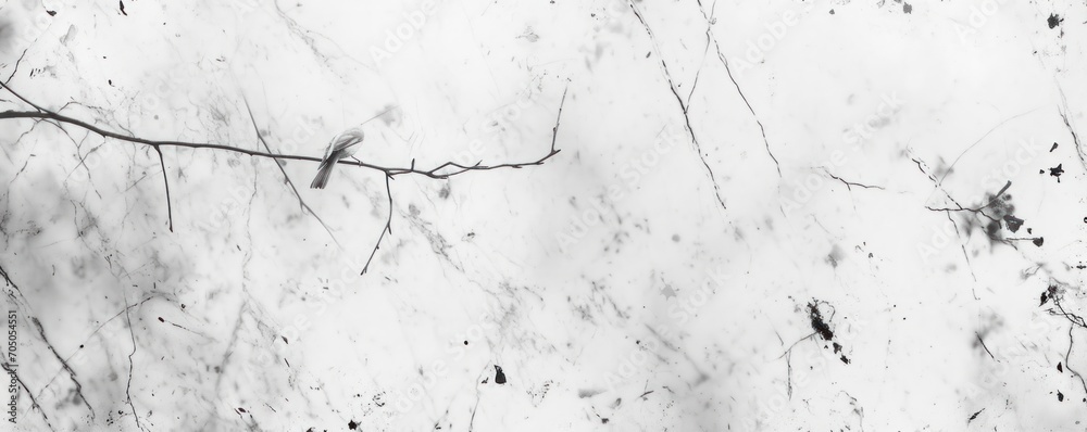 Monochrome artwork of a bird perched on a branch, with a marbled texture background. Suitable for elegant décor and nature themes.