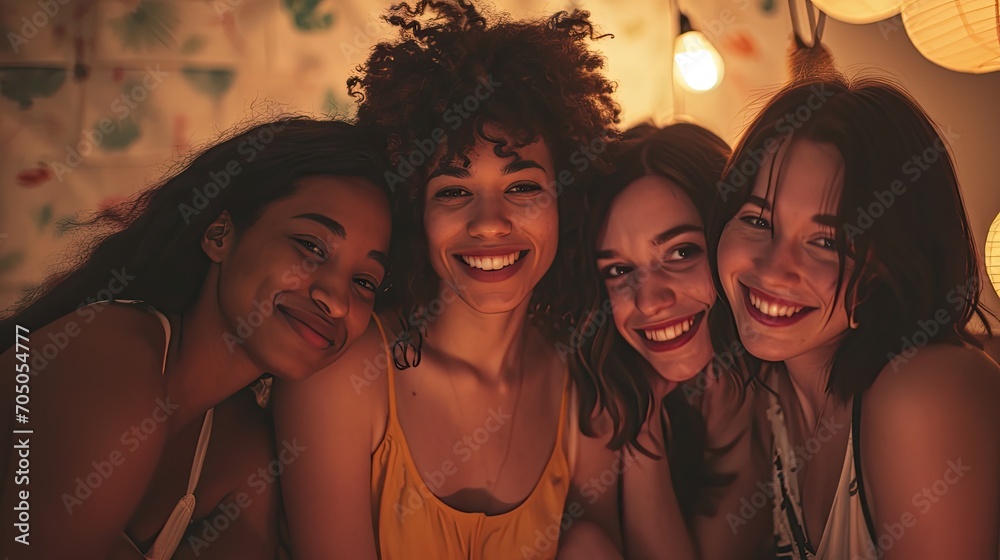 Fototapeta premium A group of girlfriends captured a joyful moment as they huddled close, flashing radiant smiles in front of a vibrant wall at an indoor party
